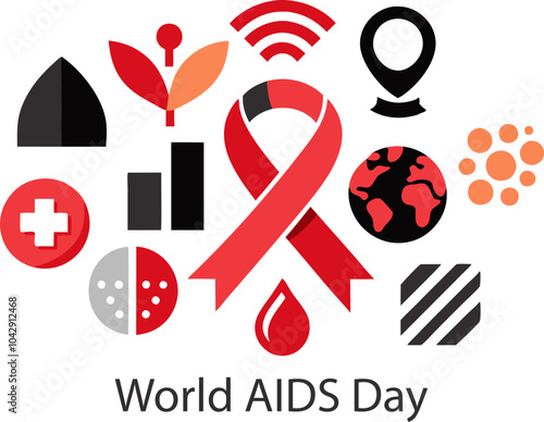 World aids day concept with red ribbon and global icons for awareness campaigns