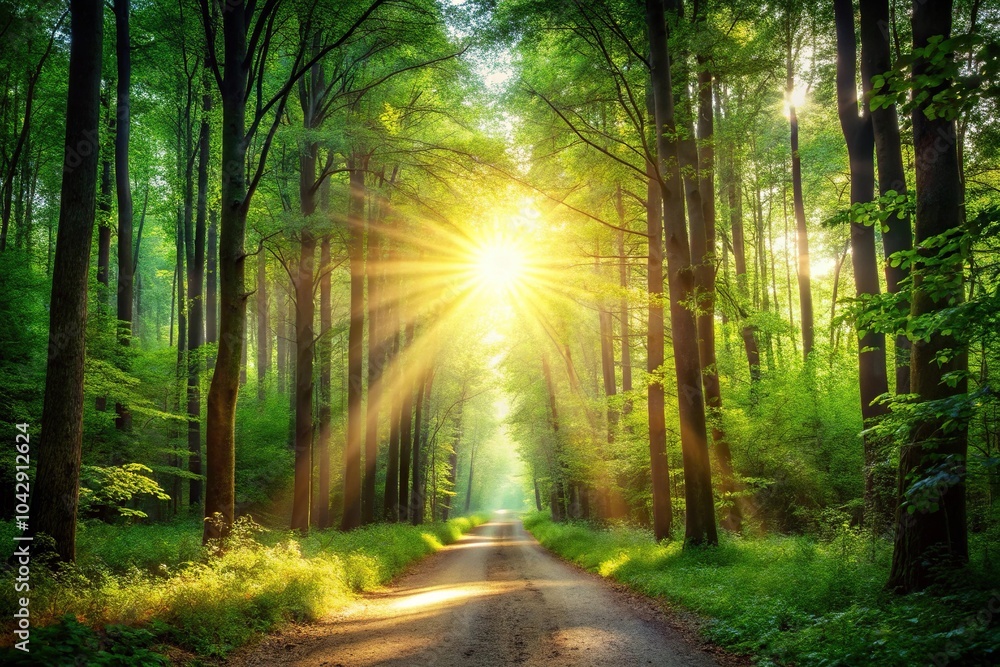 Fototapeta premium Low angle view of bright light illuminating serene forest path