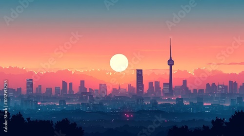 Flat illustration of Seoul's skyline, with N Seoul Tower and Lotte World Tower in silhouette against a calming gradient sky, minimalist design, clean lines, soft colors, modern flat style, hd quality. photo