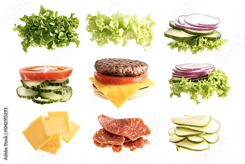 All the ingredients necessary to make a delicious hamburger, floating on a white background. This image is perfect for any restaurant menu or advertising campaign photo