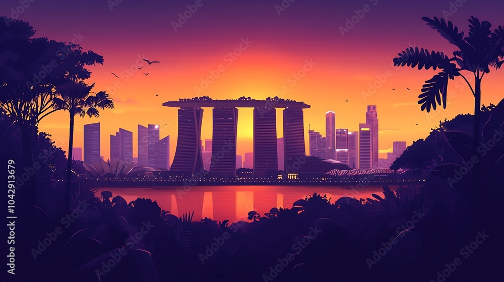 Fototapeta premium Flat illustration of Singapore’s skyline, with Marina Bay Sands and the Gardens by the Bay in silhouette, set against a tropical sunset gradient, minimalist design, clean lines, muted colors,