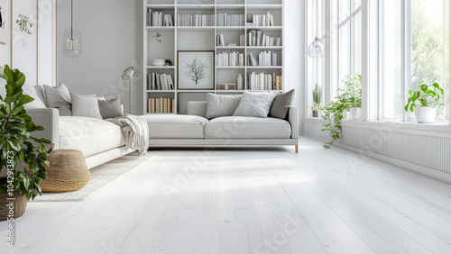 Minimalist living room with comfortable seating and bookshelves.