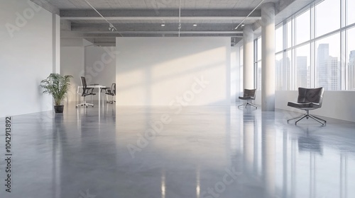 2410 15.Contemporary office with polished floors and a spacious, empty wall in focus, perfect for digital mockups, surrounded by designer chairs and a minimalist desk setup under soft ambient photo