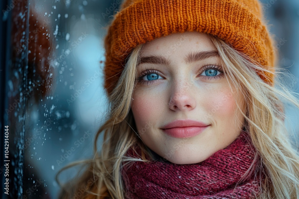 Portrait of a Young Woman with Blonde Hair, Wearing a Red Scarf and Orange Knit Hat Portrait of a Young Woman with Blonde Hair, Wearing a Red Scarf and Orange Knit Hat
