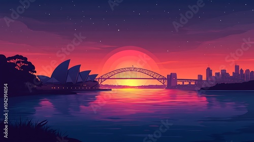 Flat illustration of Sydney by the sea, featuring silhouettes of the Opera House and Harbour Bridge, set against a pastel ocean background at sunset, minimalist design, clean lines, photo