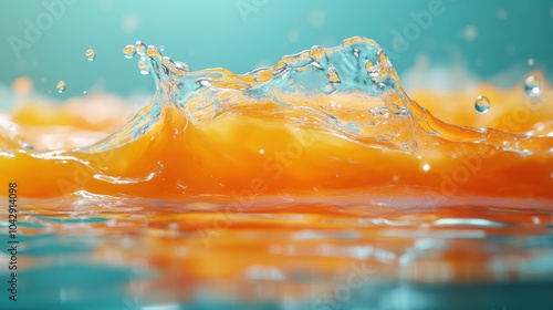 Teal and orange jelly, simple white setting, citrus juice droplets, glossy effect, vibrant contrast. photo