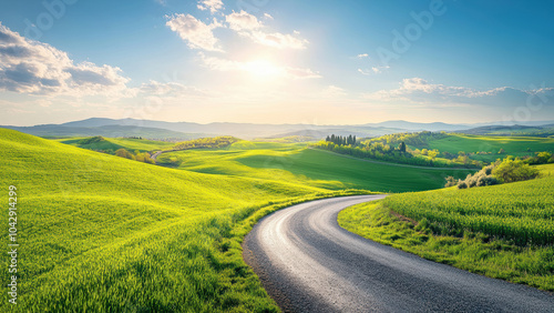 Winding road leading through rolling green hills under a blue sky with fluffy clouds.