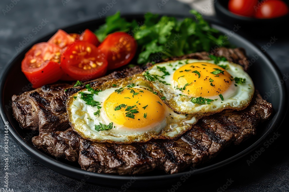 Delicious grilled steak topped with fried eggs fresh vegetables