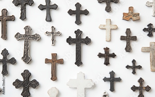 A modern design featuring crosses of different styles and sizes scattered across a pure white background, highlighting their diversity 
