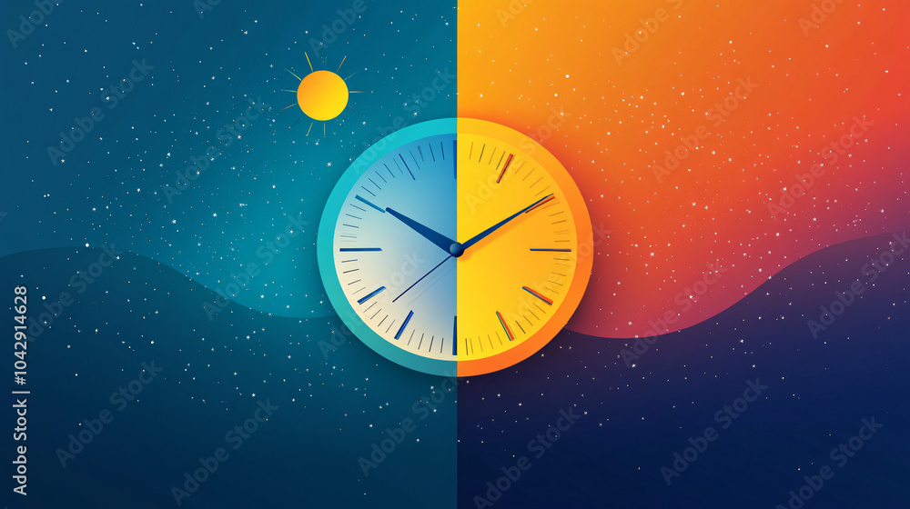 A vibrant graphic showing a digital clock transitioning from day to night in a colorful background. A vibrant graphic showing a digital clock transitioning from day to night in a colorful background.