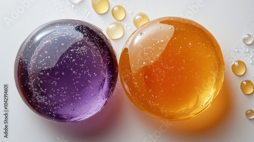 Top view of amber and lavender jelly, white background, peach juice droplets, smooth and silky, calming and elegant. photo