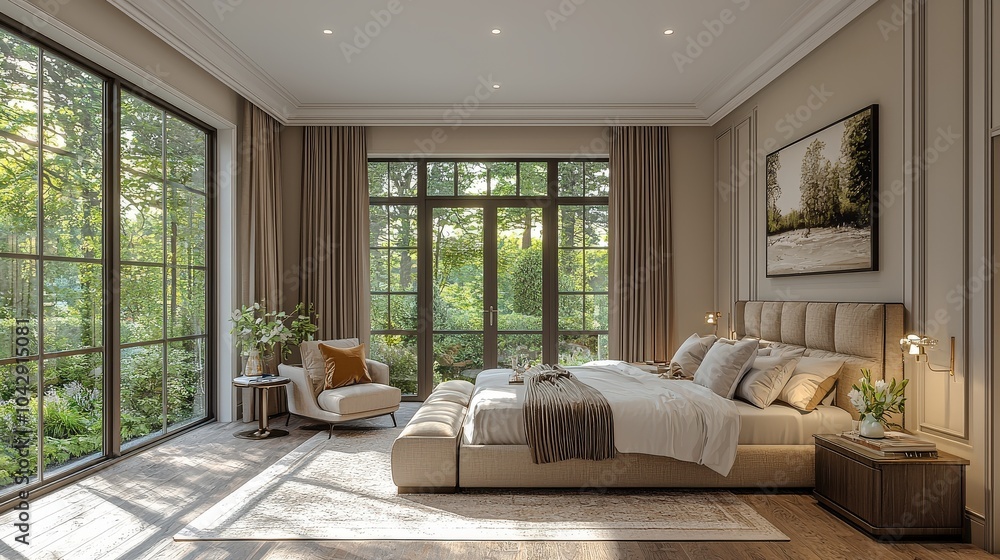 Fototapeta premium A chic master bedroom with soft lighting that creates a peaceful retreat, perfect for relaxation and comfort.