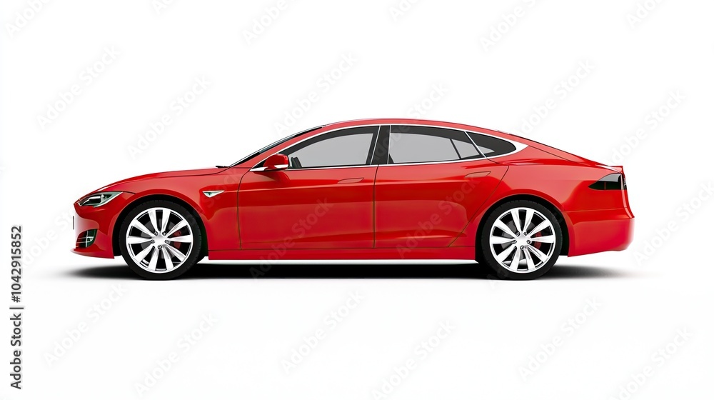 Sleek Red Electric Sedan on White Background Sleek Red Electric Sedan on White Background