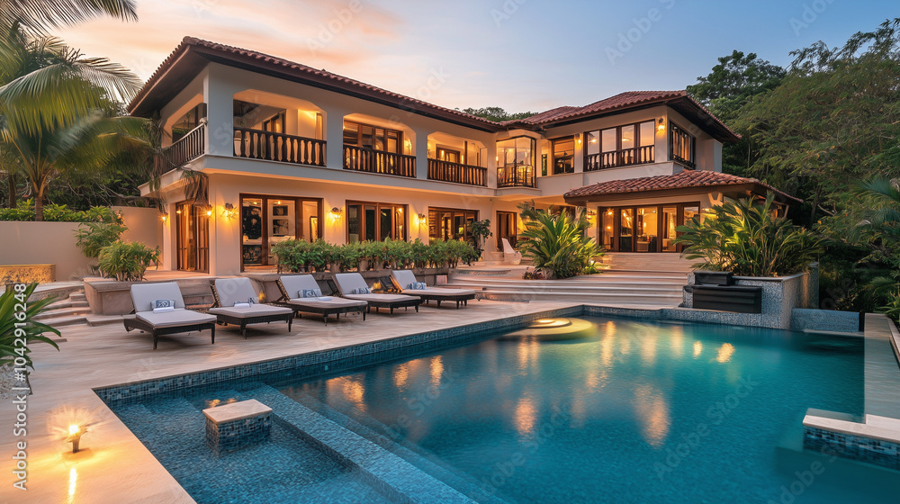Fototapeta premium Beautiful House with a Sparkling Pool, Luxury Residential Property Featuring Modern Architecture, Outdoor Pool, and Scenic Surroundings