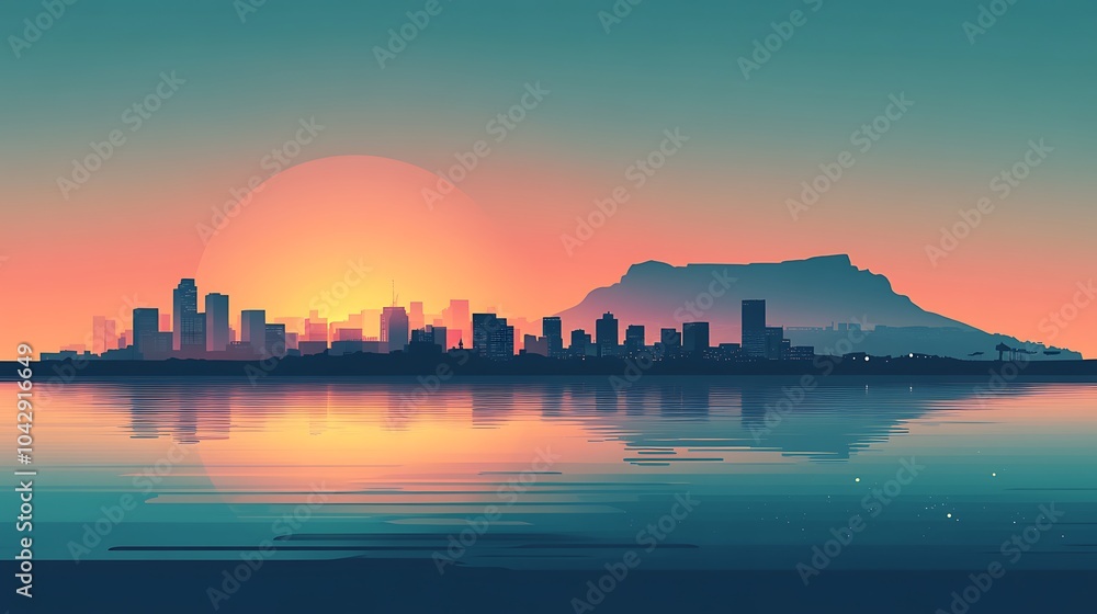 Fototapeta premium Minimalist depiction of Cape Town's cityscape and Table Mountain in silhouette, with a soft gradient oceanic background, simple geometric forms, clean lines, muted colors, modern flat design,