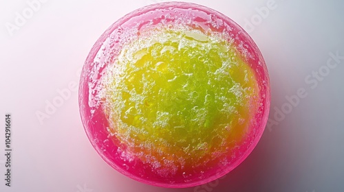 Top view of pink and green jelly, white background, lime juice droplets, glossy textures, fresh and vibrant look. photo