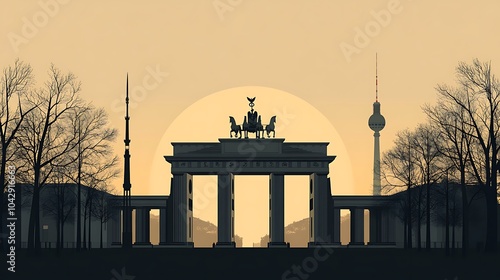 Minimalist depiction of Berlin's landmarks, featuring the silhouettes of the Brandenburg Gate and Berlin TV Tower, set against a calm neutral background, simple shapes, clean lines, photo