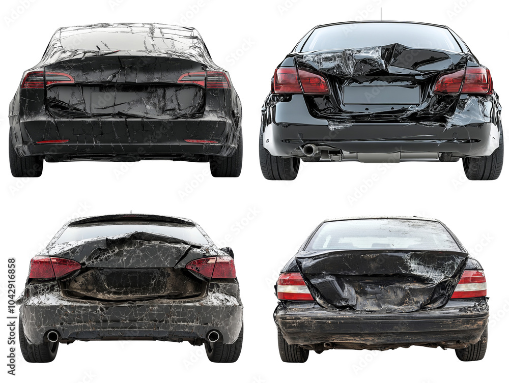 An abandoned rusted car, damaged cars after collision, rear view
