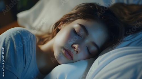 Pretty, young woman in her bed, fast asleep. Importance of sleep concept. 