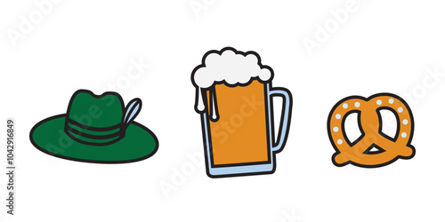Oktoberfest sticker set, beer, pretzel and alpine hat, vector design elements