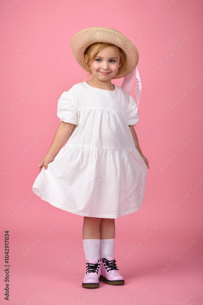 Little cute girl in white summer dress in hat and shoes, knee socks posing in studio on pink background Little cute girl in white summer dress in hat and shoes, knee socks posing in studio on pink background