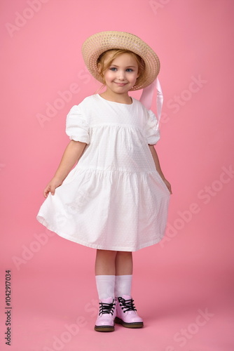 Little cute girl in white summer dress in hat and shoes, knee socks posing in studio on pink background photo