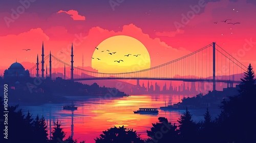 Minimalist depiction of Istanbul's Bosphorus, featuring silhouettes of the Blue Mosque and the Bosphorus Bridge at sunset, set against a pastel sky, simple shapes, clean lines, modern flat aesthetic, photo