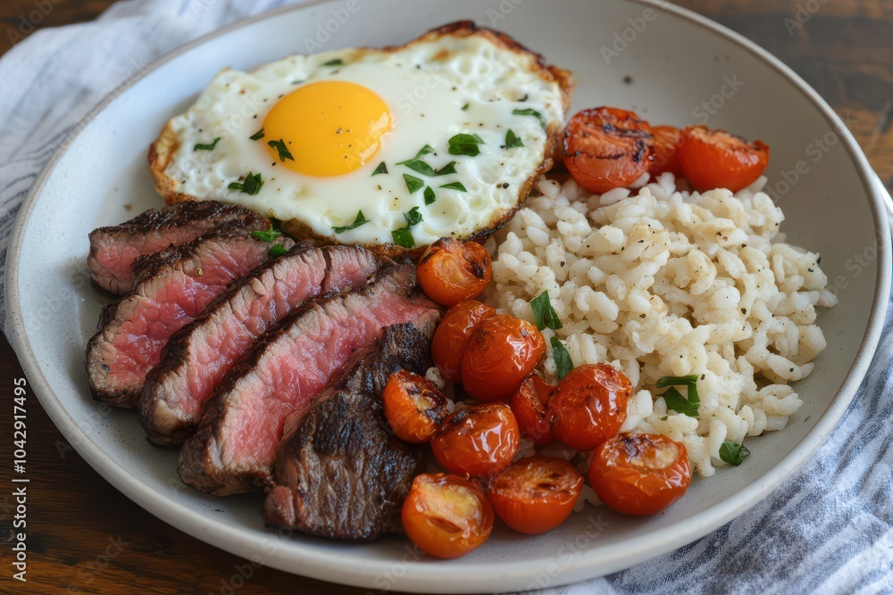 Hearty steak breakfast with sunny-side-up egg roasted tomatoes Hearty steak breakfast with sunny-side-up egg roasted tomatoes