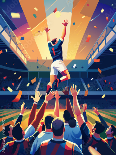 Triumphant Soccer Player Celebrated by Teammates on Field After Victory