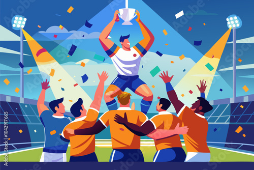Champion Soccer Player Celebrates Victory with Team at Stadium