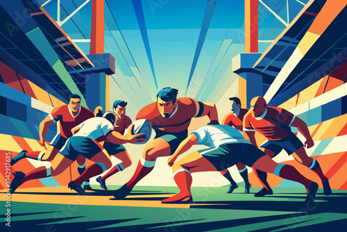Dynamic Rugby Match Illustration with Vibrant Action