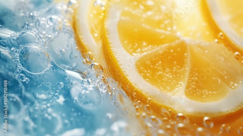 Yellow and blue jelly, white backdrop, lemon juice droplets, smooth and glossy, playful and striking composition. photo