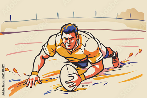Intense Rugby Player Scoring a Try on the Field