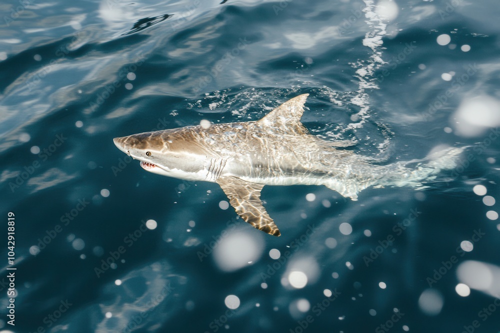 Obraz premium Majestic great white shark swimming in the deep blue ocean