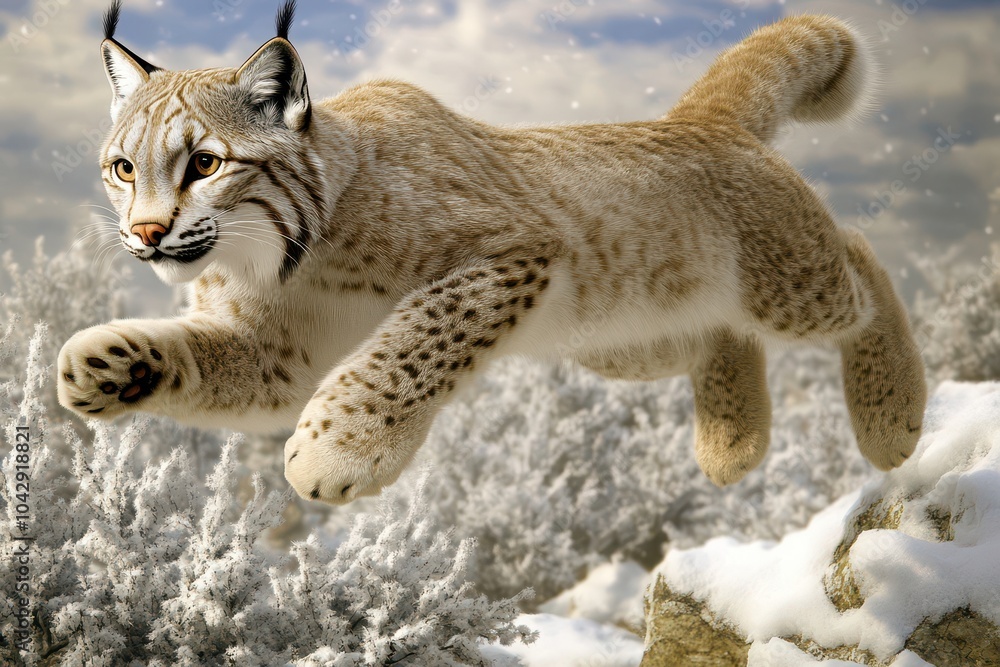 Fototapeta premium Majestic lynx leaping snowy landscape