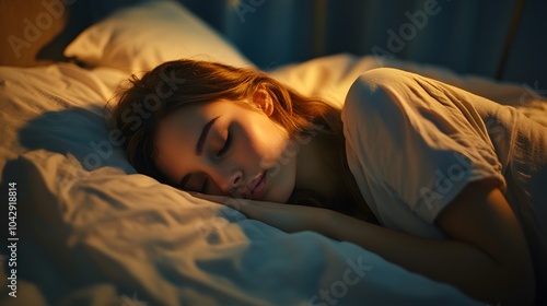 Pretty, young woman in her bed, fast asleep. Importance of sleep concept. 