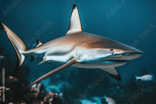 Majestic oceanic blacktip shark swimming in the deep blue sea