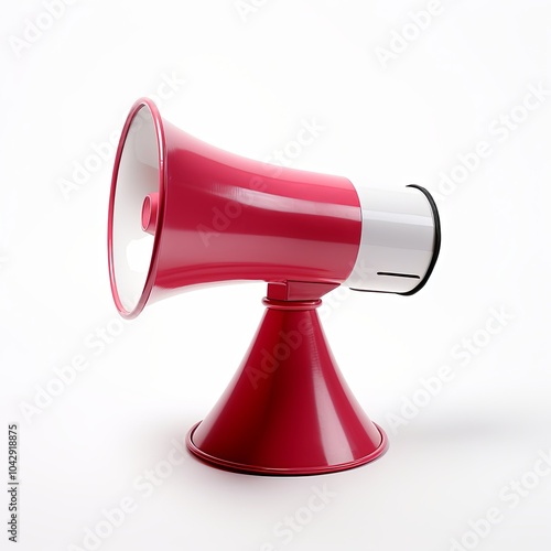 Retro red megaphone with wooden stand on white background.