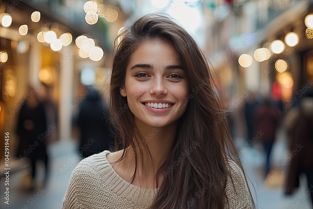 Beautiful brunette French supermodel smiling in a downtown plaza Beautiful brunette French supermodel smiling in a downtown plaza