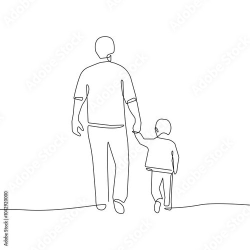Happy Family Continuous One Line Drawing. Father and Son Walking Together Single Line Drawing Minimalist Illustration. Happy Father`s Day Vector Illustration