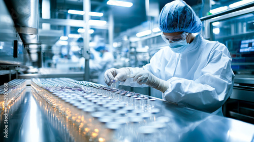 Worker in medical vials on the production line in a pharmaceutical factory - A symbol of an efficient manufacturing process ensuring the safety and quality of pharmaceutical products.