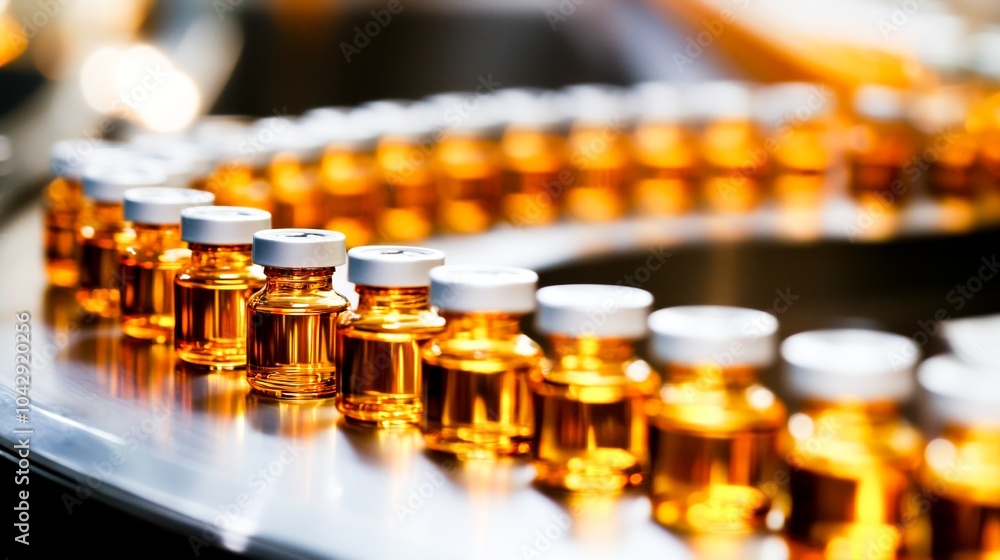 Medical vials on the production line in a pharmaceutical factory - A symbol of an efficient manufacturing process ensuring the safety and quality of pharmaceutical products. Medical vials on the production line in a pharmaceutical factory - A symbol of an efficient manufacturing process ensuring the safety and quality of pharmaceutical products.