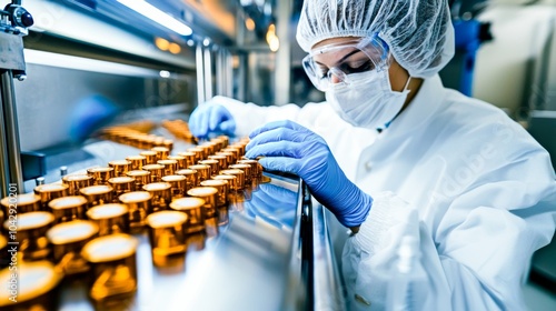 Worker in medical vials on the production line in a pharmaceutical factory - A symbol of an efficient manufacturing process ensuring the safety and quality of pharmaceutical products.