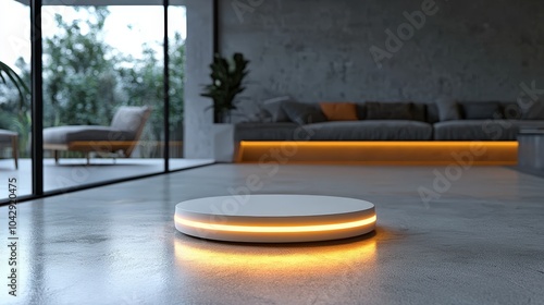 A smart home hub device shining softly against a minimalist gray backdrop, emphasizing its role in creating a connected and convenient living space.