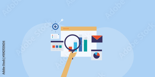 Analytics and performance tracking campaign report on web dashboard, vector illustration banner. 