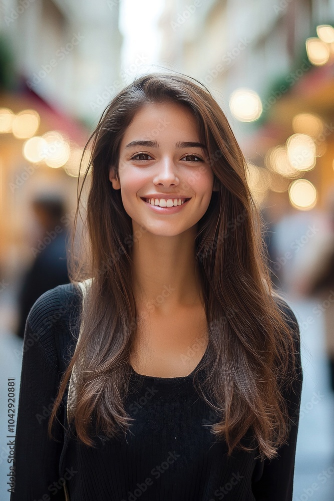 Beautiful brunette French supermodel smiling in a downtown plaza Beautiful brunette French supermodel smiling in a downtown plaza