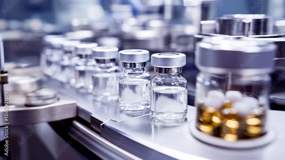 Medical vials on the production line in a pharmaceutical factory - A symbol of an efficient manufacturing process ensuring the safety and quality of pharmaceutical products. Medical vials on the production line in a pharmaceutical factory - A symbol of an efficient manufacturing process ensuring the safety and quality of pharmaceutical products.