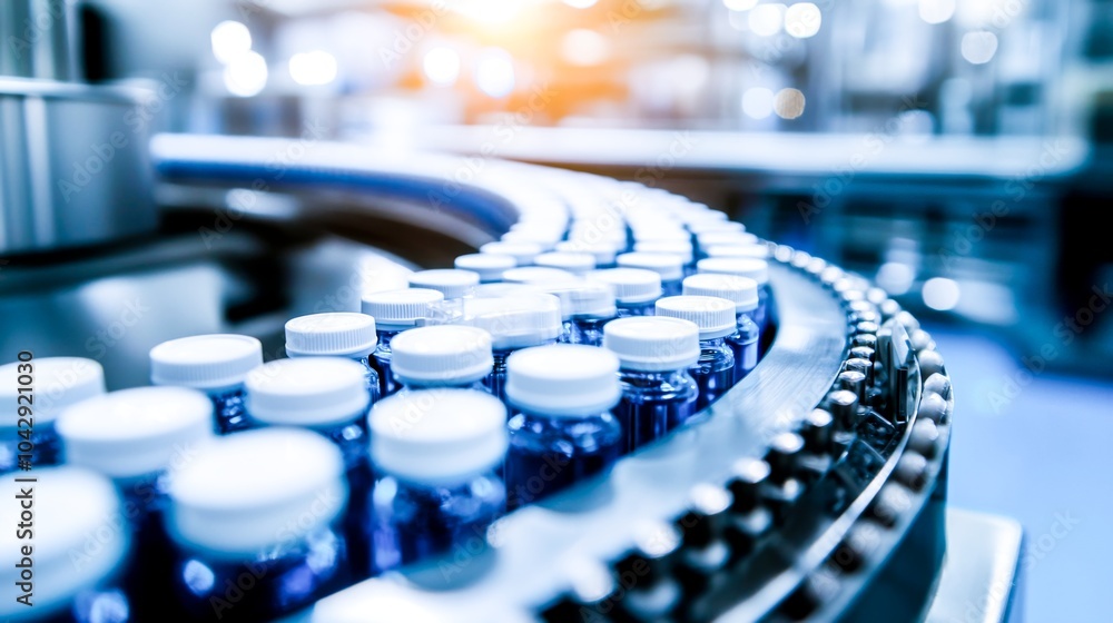Medical vials on the production line in a pharmaceutical factory - A symbol of an efficient manufacturing process ensuring the safety and quality of pharmaceutical products. Medical vials on the production line in a pharmaceutical factory - A symbol of an efficient manufacturing process ensuring the safety and quality of pharmaceutical products.