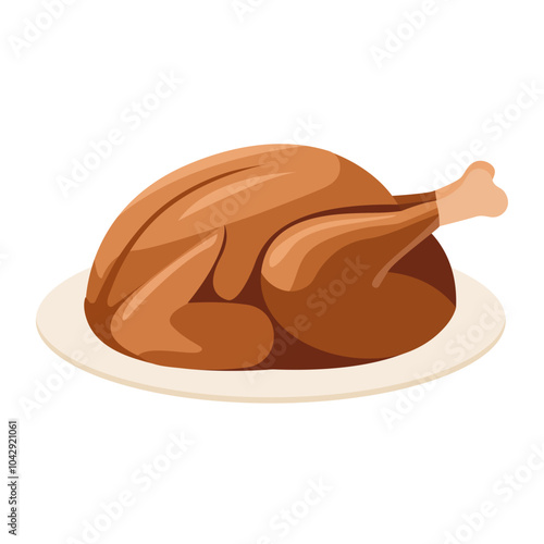 A roasted turkey bird on a dish for Thanksgiving or harvest festival. Vector Illustration