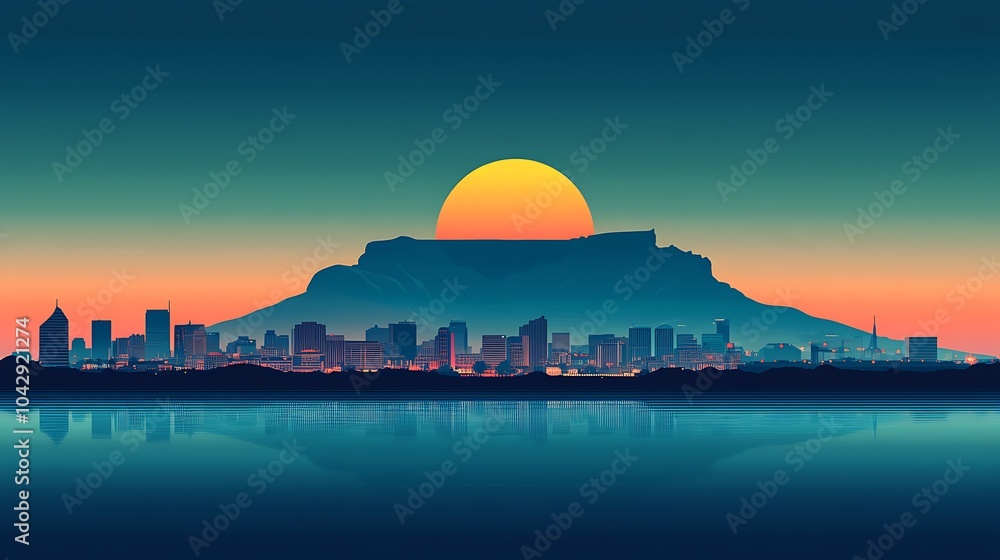 Obraz premium Minimalist flat illustration of Cape Town’s skyline with Table Mountain in silhouette, set against a soft oceanic gradient background, clean lines, simple shapes, muted colors, modern design,